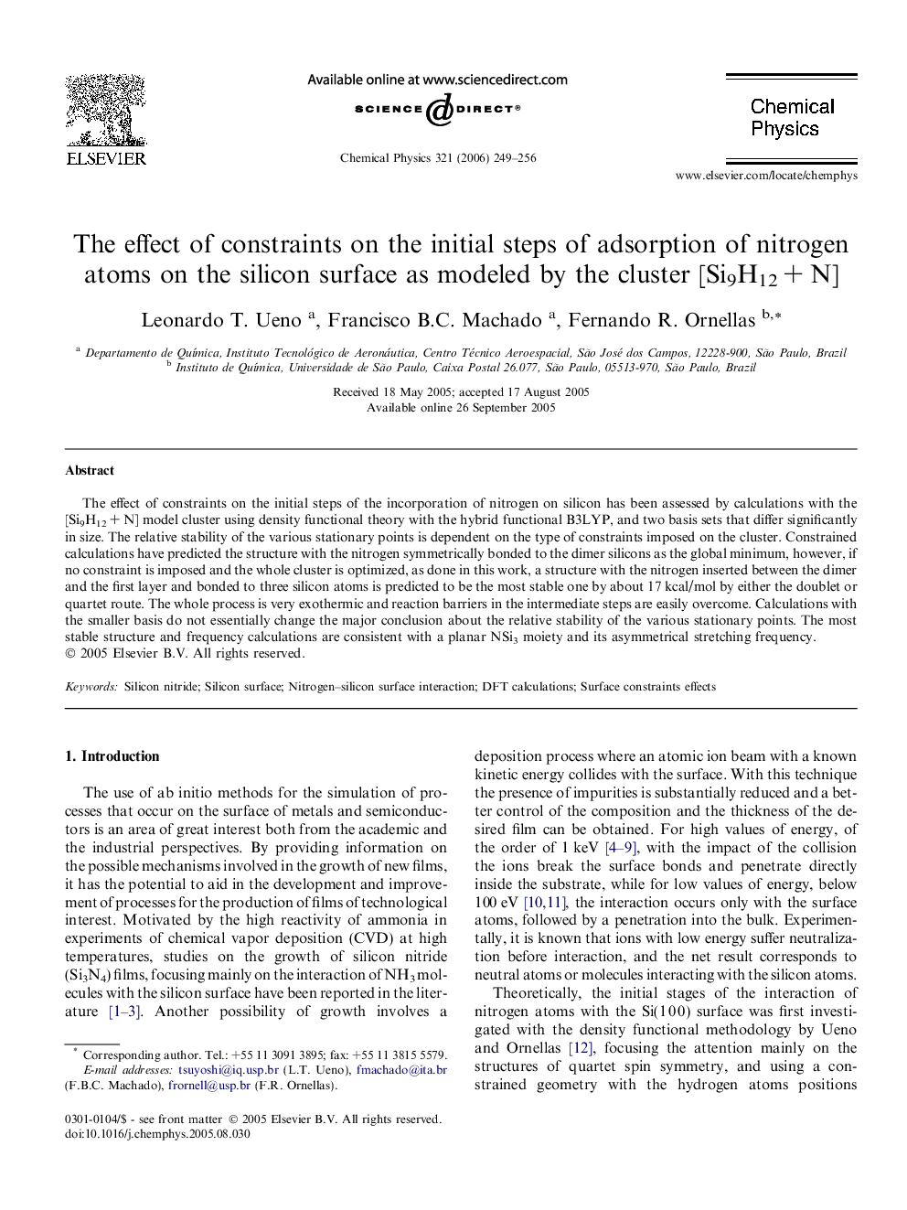 The effect of constraints on the initial steps of adsorption of nitrogen atoms on the silicon surface as modeled by the cluster [Si9H12Â +Â N]
