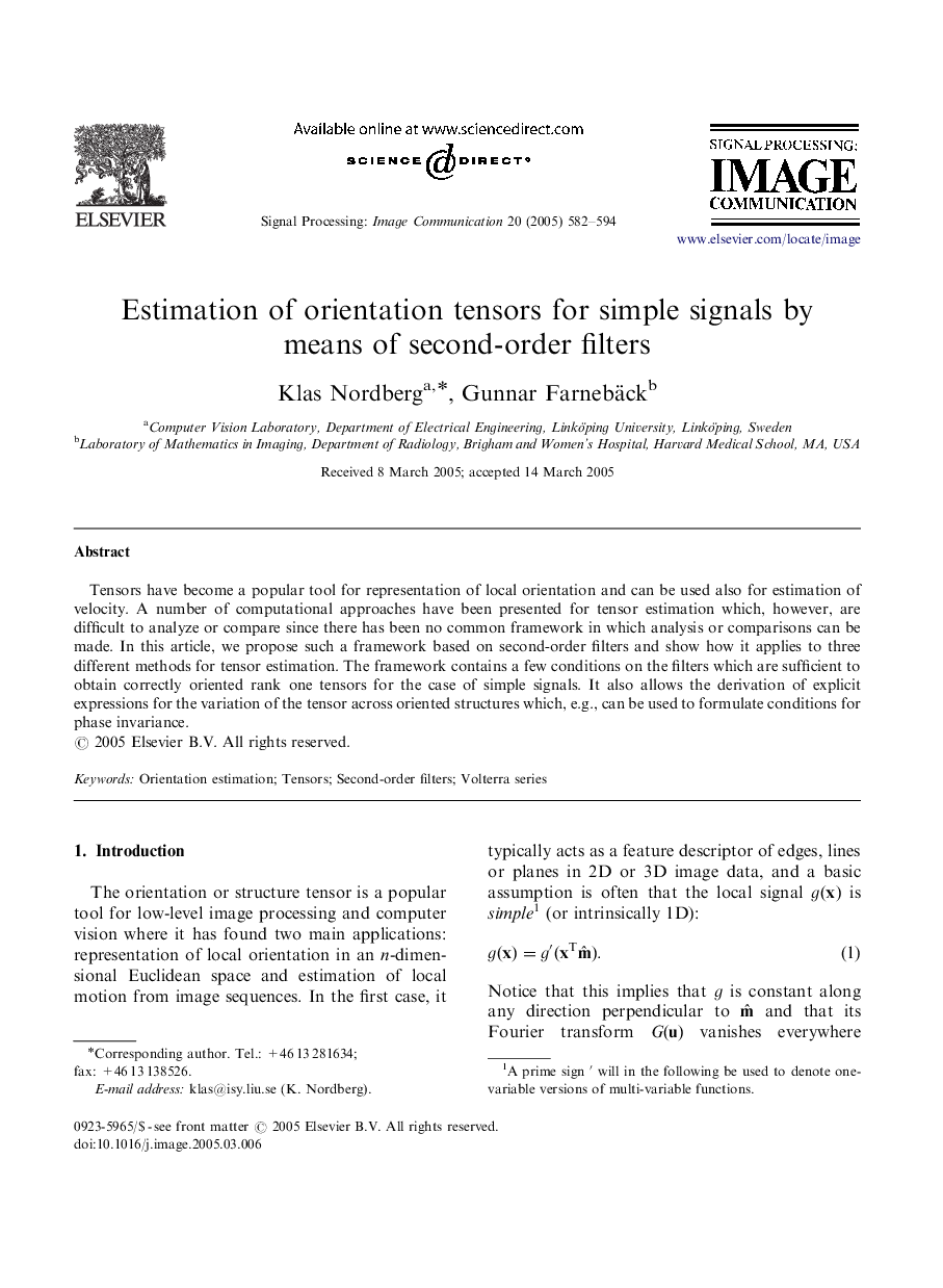 Estimation of orientation tensors for simple signals by means of second-order filters