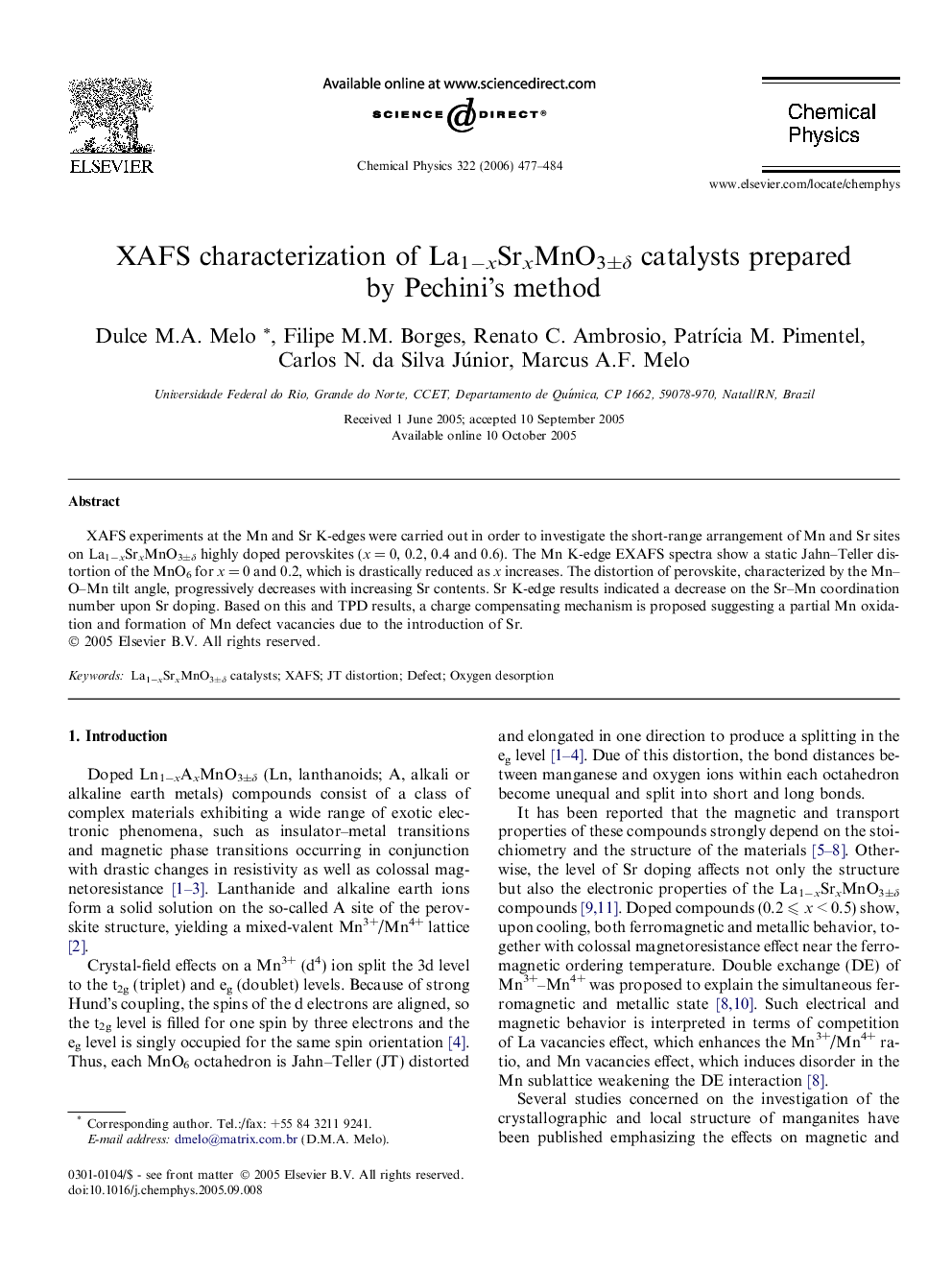 XAFS characterization of La1âxSrxMnO3Â±Î´ catalysts prepared by Pechini's method