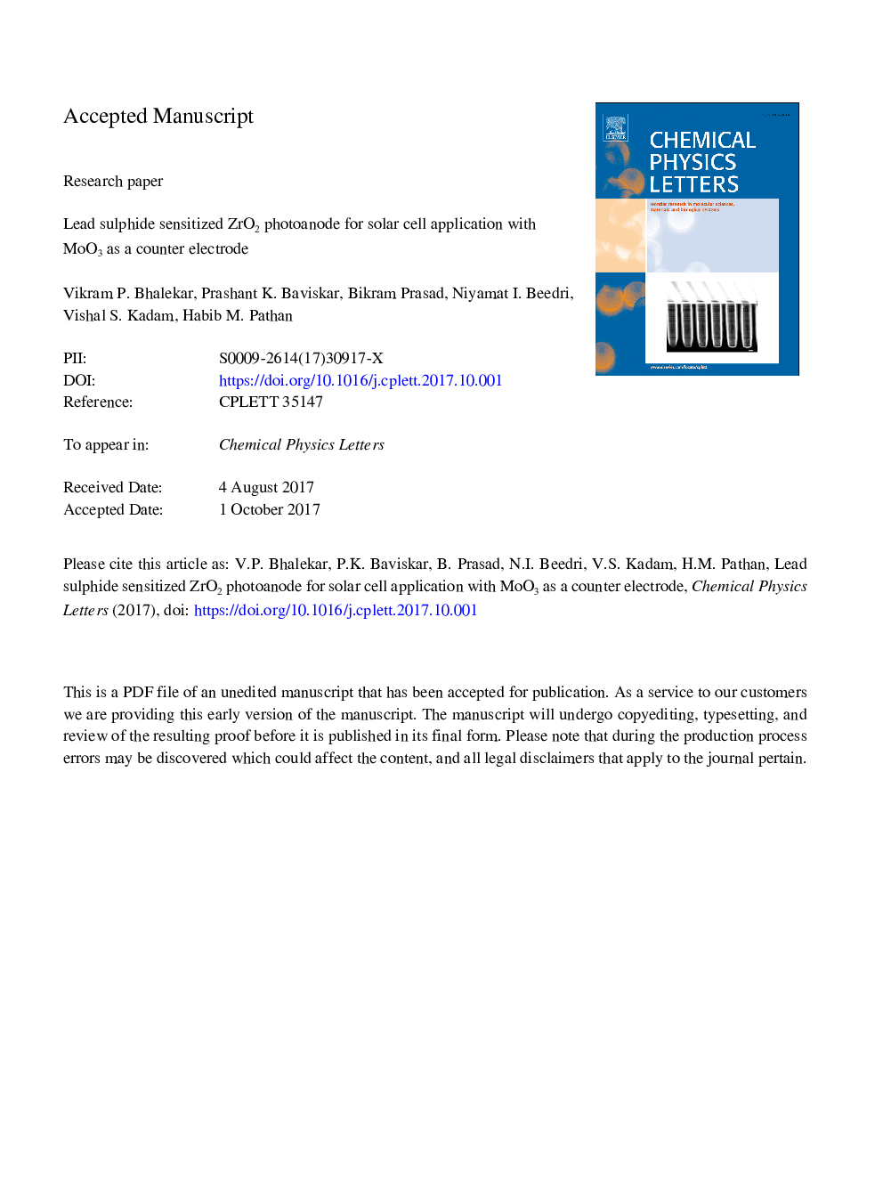 Lead sulphide sensitized ZrO2 photoanode for solar cell application with MoO3 as a counter electrode