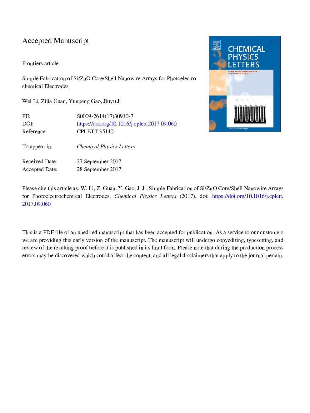 Simple fabrication of Si/ZnO core/shell nanowire arrays for photoelectrochemical electrodes