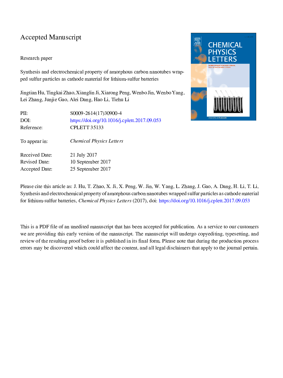 Synthesis and electrochemical property of amorphous carbon nanotubes wrapped sulfur particles as cathode material for lithium-sulfur batteries