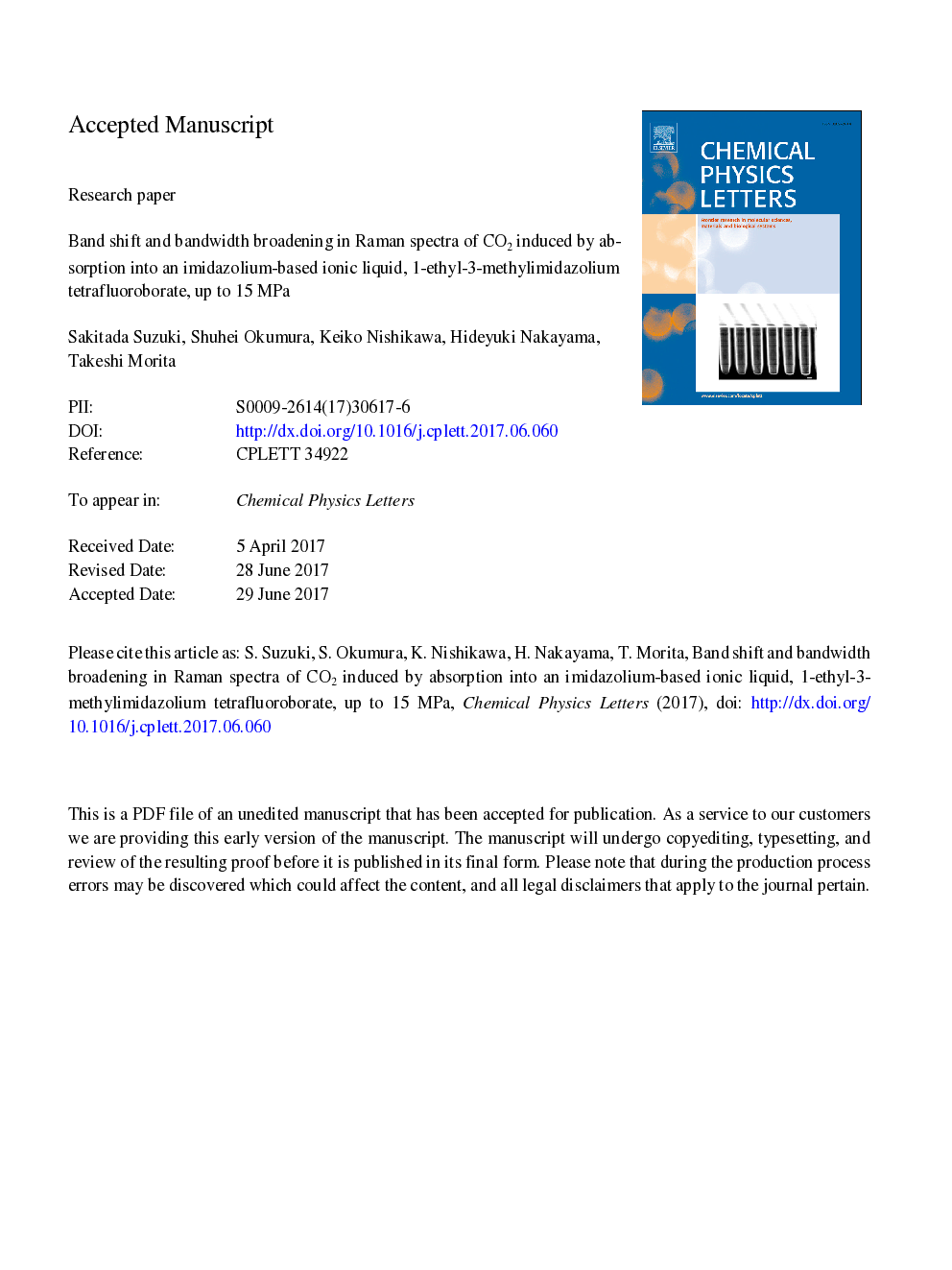 Band shift and bandwidth broadening in Raman spectra of CO2 induced by absorption into an imidazolium-based ionic liquid, 1-ethyl-3-methylimidazolium tetrafluoroborate, up to 15Â MPa