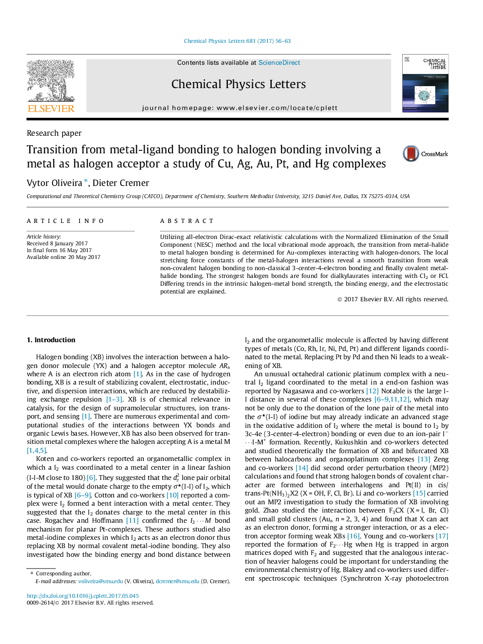 عکس صفحه اول مقاله: Transition from metal-ligand bonding to halogen bonding involving a metal as halogen acceptor a study of Cu, Ag, Au, Pt, and Hg complexes Transition from metal-ligand bonding to halogen bonding involving a metal as halogen acceptor a study of Cu, Ag, Au, Pt, and Hg complexes