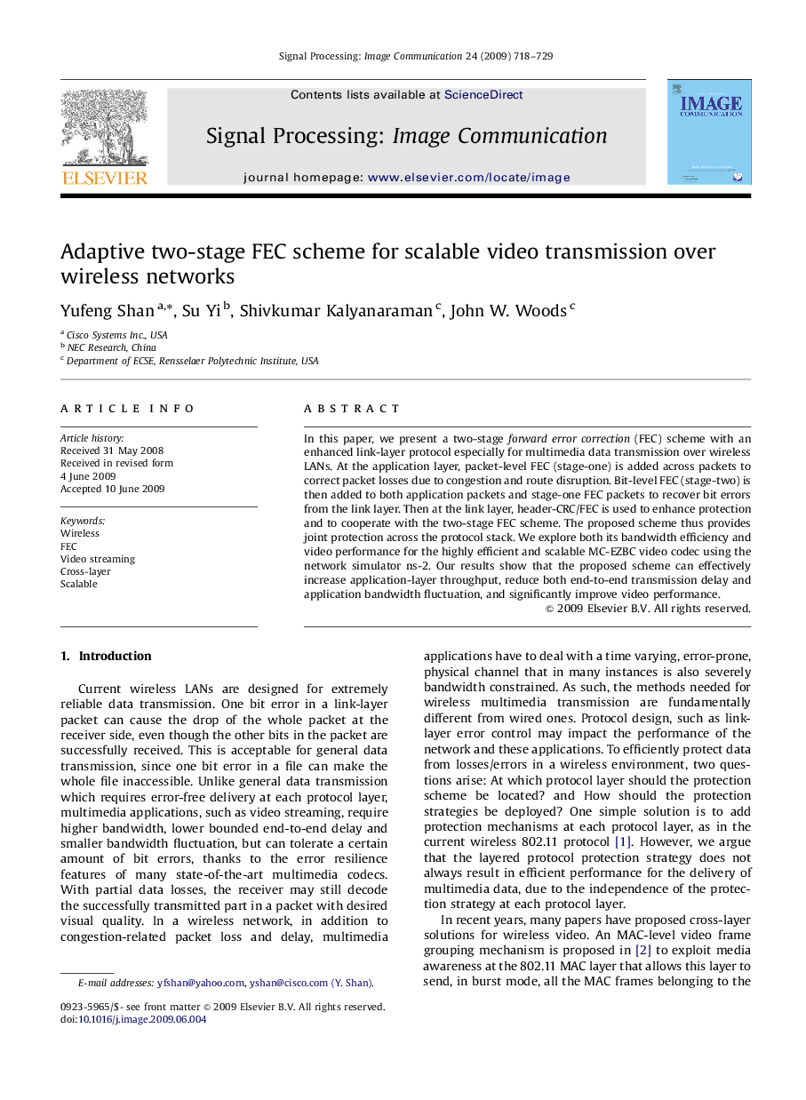 Adaptive two-stage FEC scheme for scalable video transmission over wireless networks