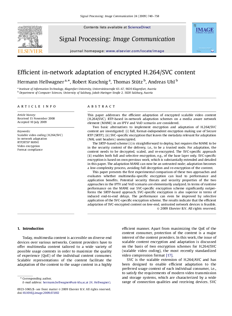 Efficient in-network adaptation of encrypted H.264/SVC content