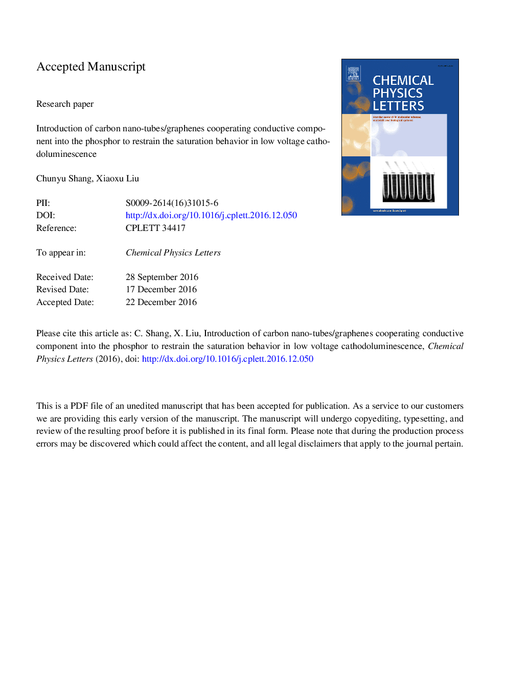 عکس صفحه اول مقاله: Introduction of carbon nano-tubes/graphenes cooperating conductive component into the phosphor to restrain the saturation behavior in low voltage cathodoluminescence Introduction of carbon nano-tubes/graphenes cooperating conductive component into the phosphor to restrain the saturation behavior in low voltage cathodoluminescence
