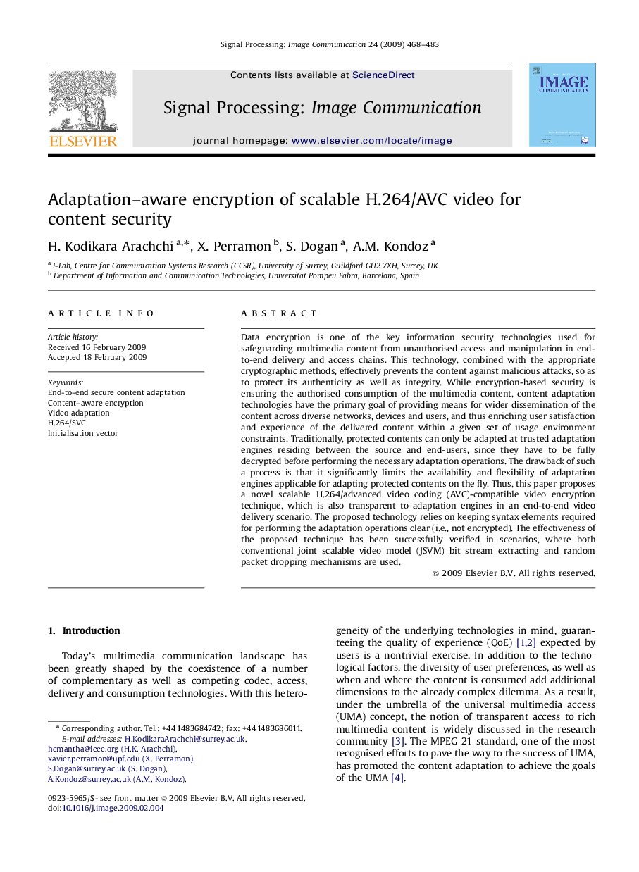 Adaptation–aware encryption of scalable H.264/AVC video for content security