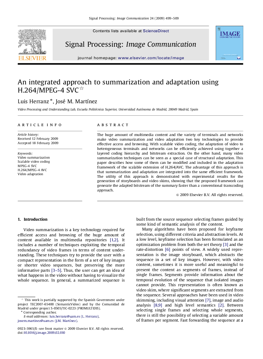 An integrated approach to summarization and adaptation using H.264/MPEG-4 SVC 