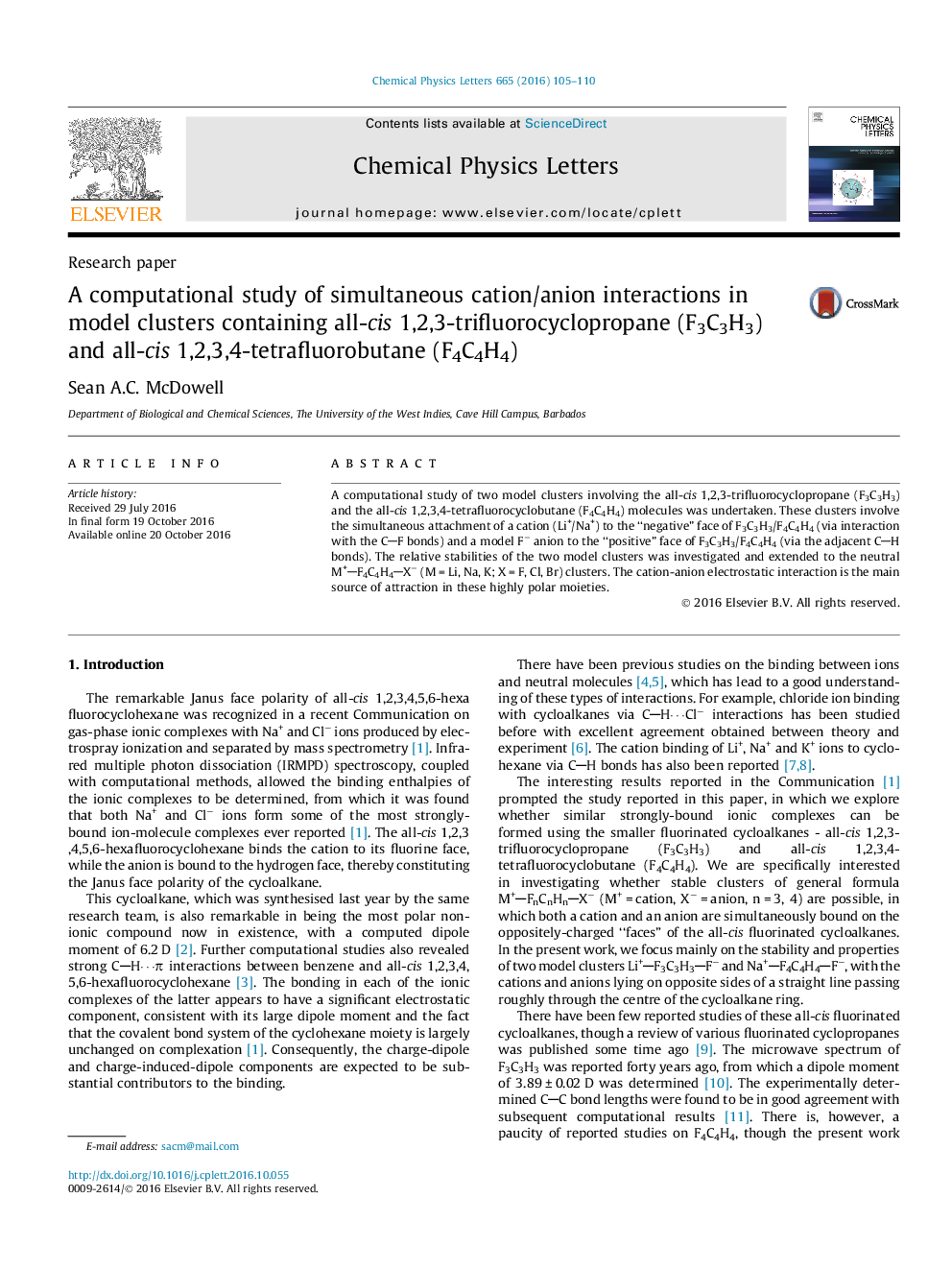 عکس صفحه اول مقاله: A computational study of simultaneous cation/anion interactions in model clusters containing all-cis 1,2,3-trifluorocyclopropane (F3C3H3) and all-cis 1,2,3,4-tetrafluorobutane (F4C4H4) A computational study of simultaneous cation/anion interactions in model clusters containing all-cis 1,2,3-trifluorocyclopropane (F3C3H3) and all-cis 1,2,3,4-tetrafluorobutane (F4C4H4)