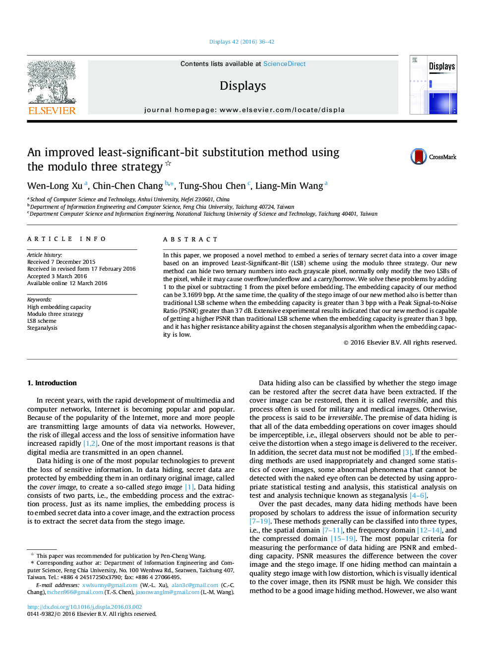 An improved least-significant-bit substitution method using the modulo three strategy 