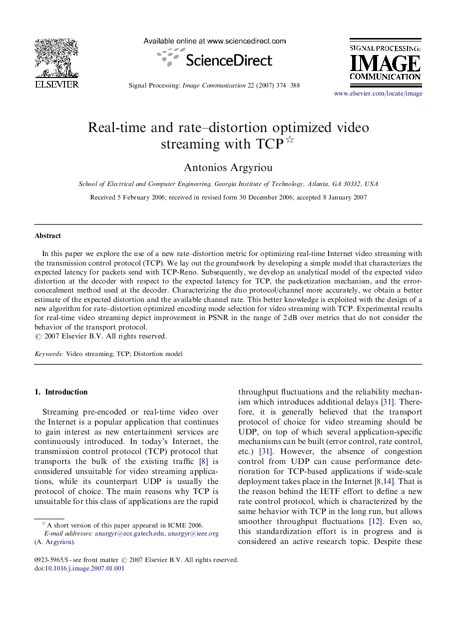 Real-time and rate–distortion optimized video streaming with TCP 