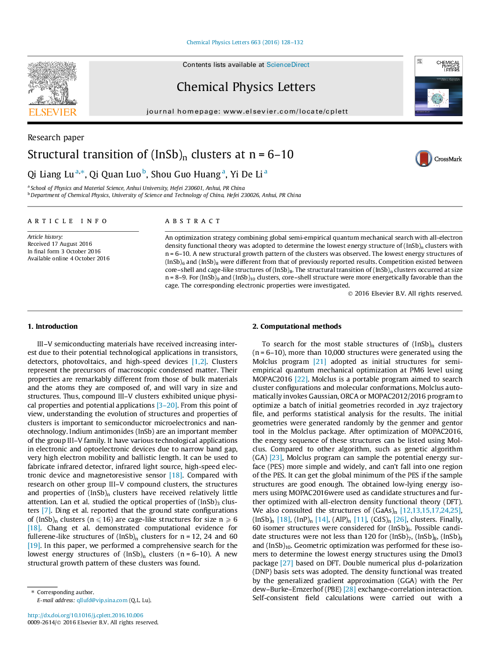 Structural transition of (InSb)n clusters at nÂ =Â 6-10