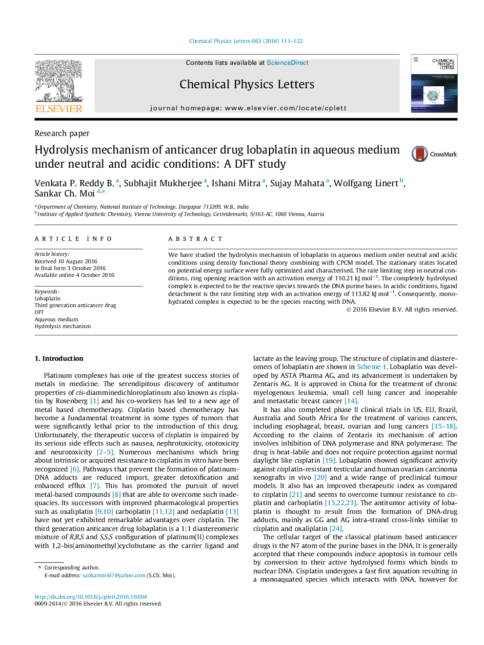 Hydrolysis mechanism of anticancer drug lobaplatin in aqueous medium under neutral and acidic conditions: A DFT study