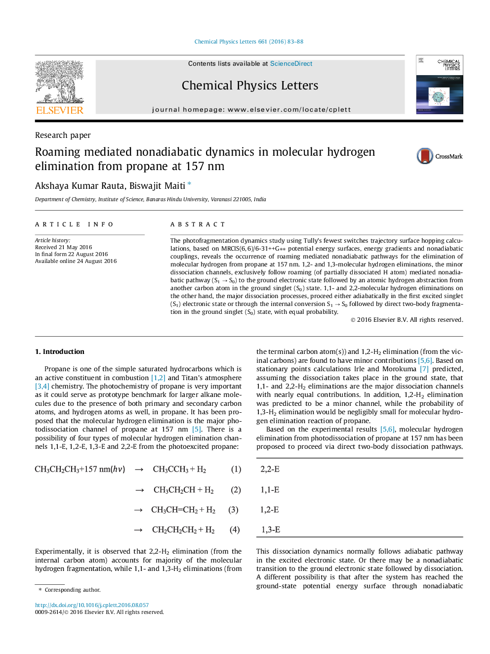 عکس صفحه اول مقاله: Roaming mediated nonadiabatic dynamics in molecular hydrogen elimination from propane at 157Â nm Roaming mediated nonadiabatic dynamics in molecular hydrogen elimination from propane at 157Â nm