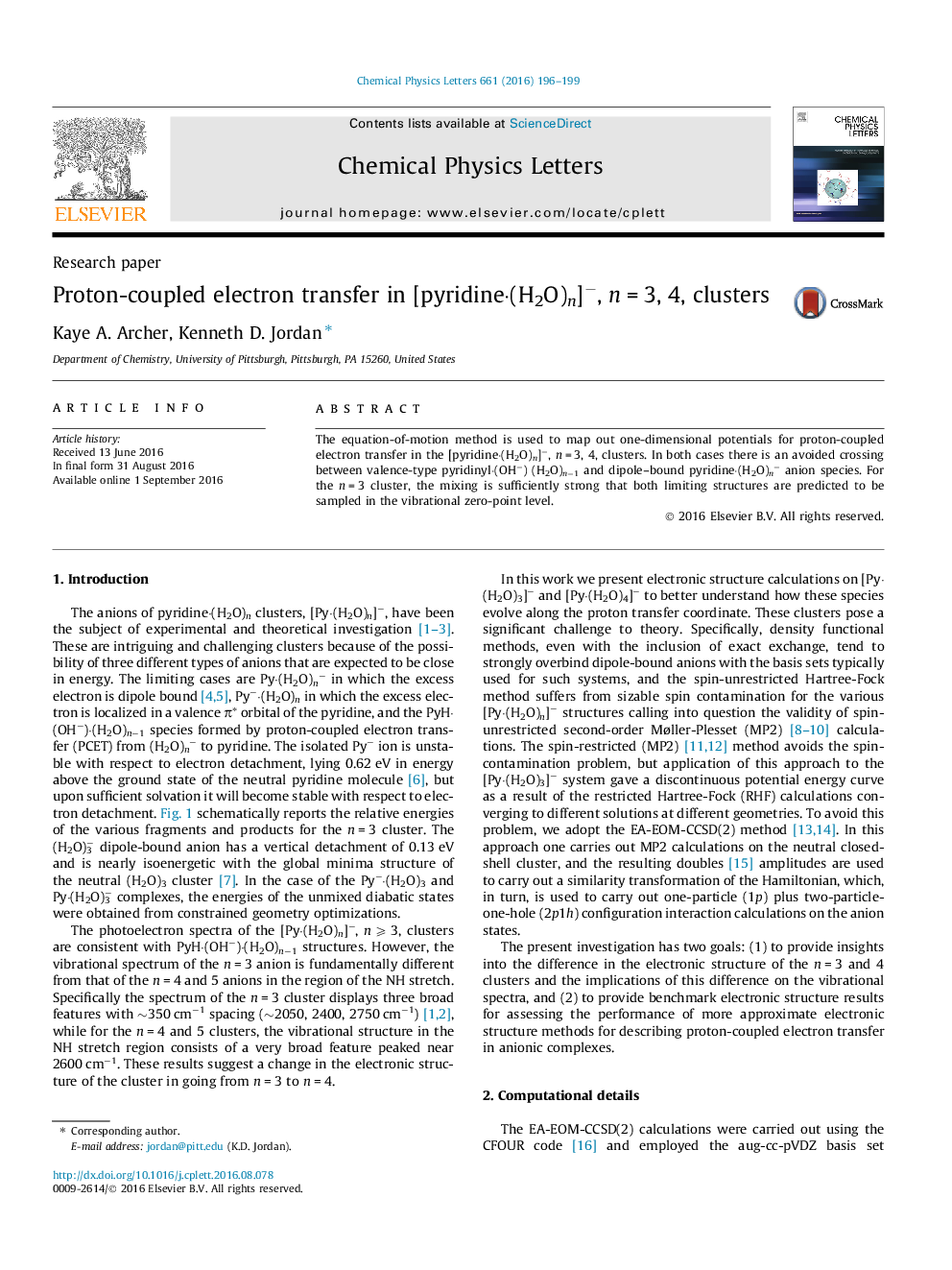 Proton-coupled electron transfer in [pyridineÂ·(H2O)n]â, nÂ =Â 3, 4, clusters