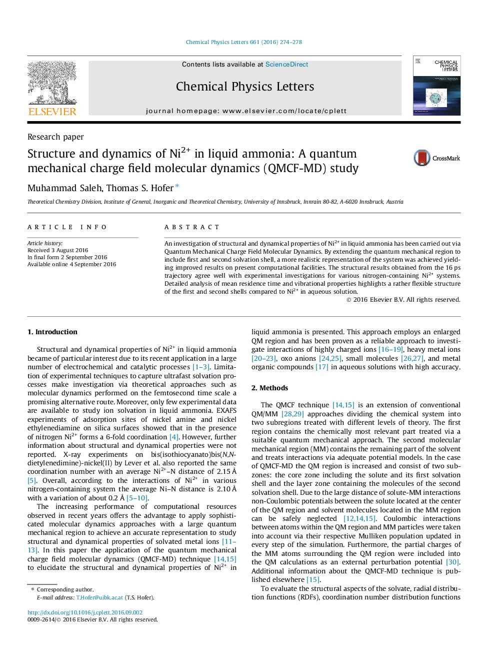 عکس صفحه اول مقاله: Structure and dynamics of Ni2+ in liquid ammonia: A quantum mechanical charge field molecular dynamics (QMCF-MD) study Structure and dynamics of Ni2+ in liquid ammonia: A quantum mechanical charge field molecular dynamics (QMCF-MD) study