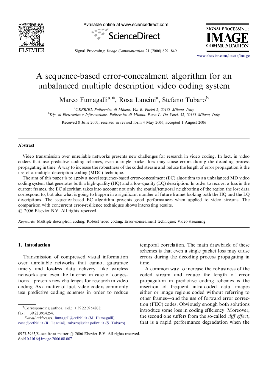 A sequence-based error-concealment algorithm for an unbalanced multiple description video coding system