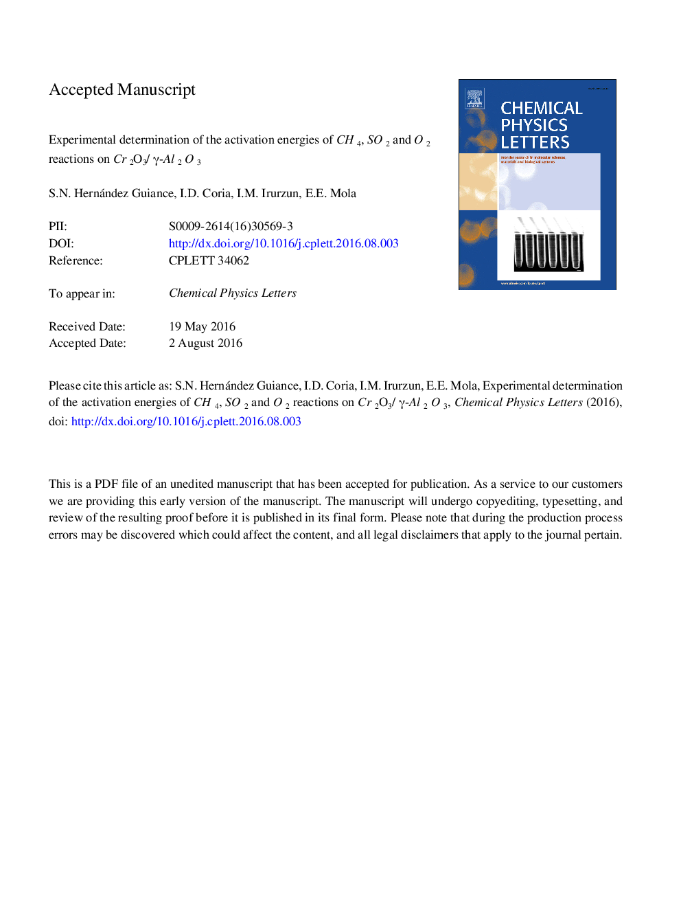 Experimental determination of the activation energies of CH4, SO2 and O2 reactions on Cr2O3/Î³-Al2O3