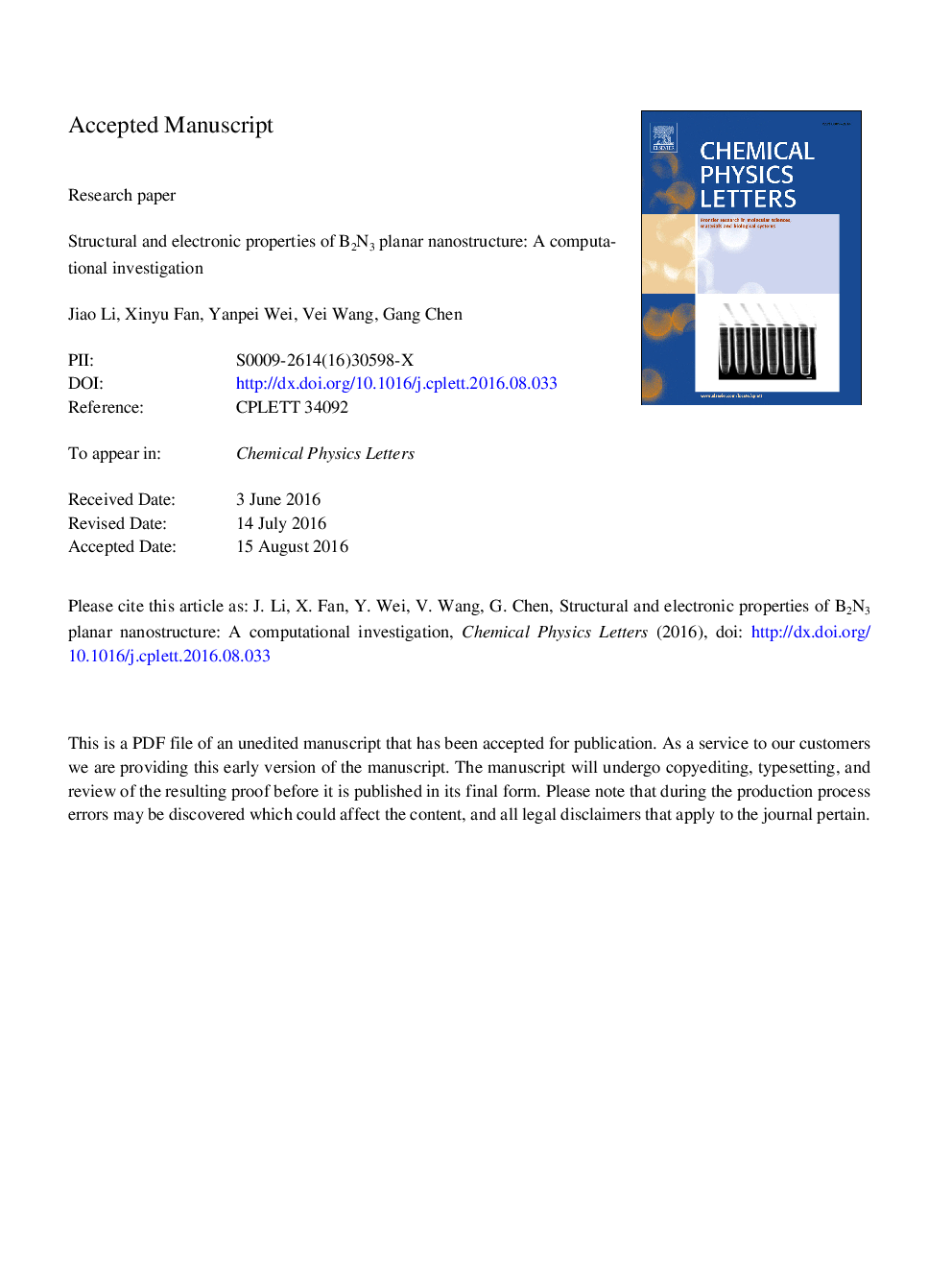 عکس صفحه اول مقاله: Structural and electronic properties of B2N3 planar nanostructure: A computational investigation Structural and electronic properties of B2N3 planar nanostructure: A computational investigation