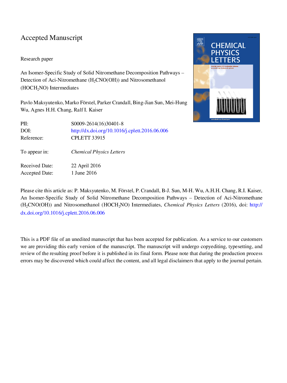 An isomer-specific study of solid nitromethane decomposition pathways - Detection of aci-nitromethane (H2CNO(OH)) and nitrosomethanol (HOCH2NO) intermediates
