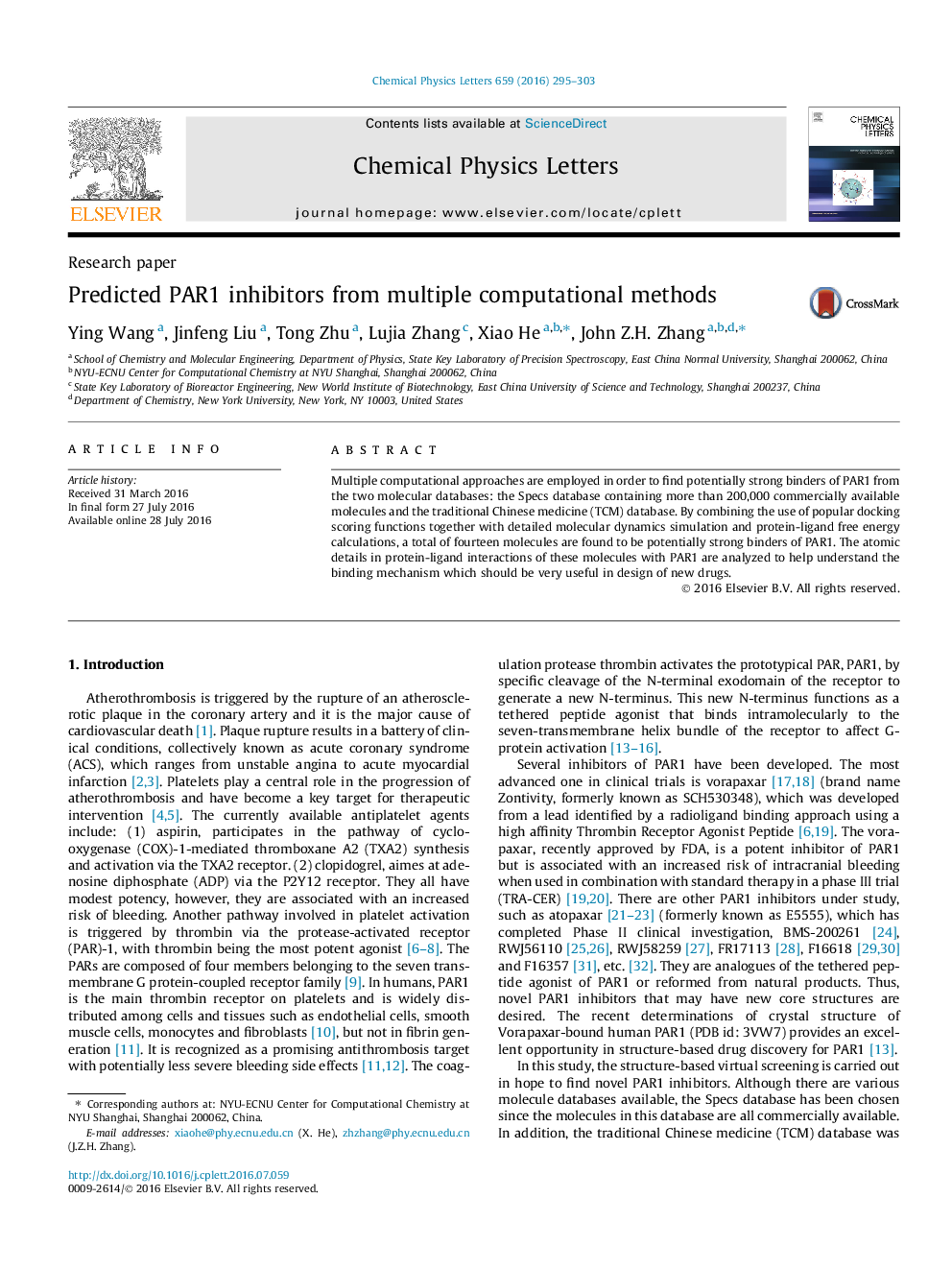 Predicted PAR1 inhibitors from multiple computational methods