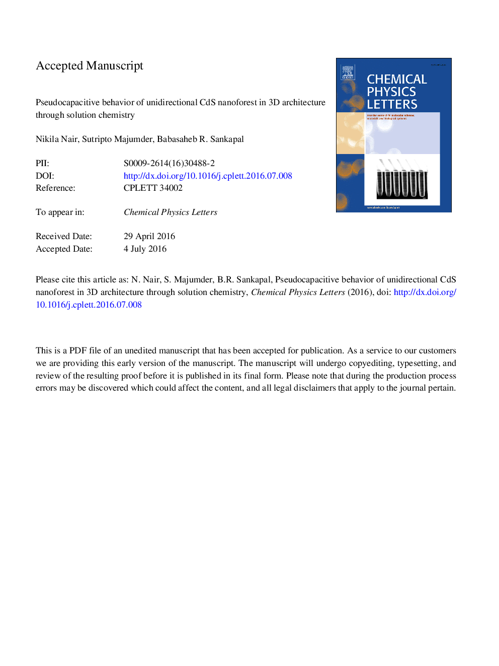 Pseudocapacitive behavior of unidirectional CdS nanoforest in 3D architecture through solution chemistry