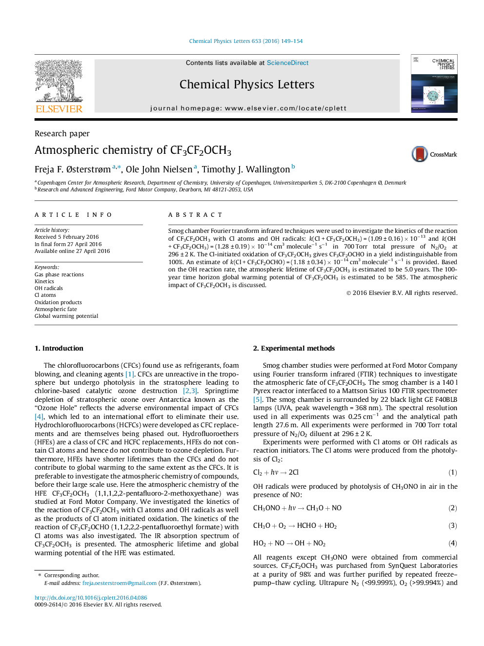 Atmospheric chemistry of CF3CF2OCH3