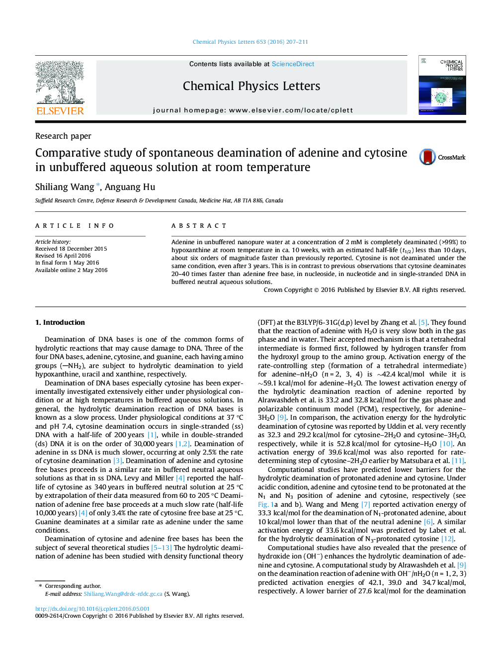 Comparative study of spontaneous deamination of adenine and cytosine in unbuffered aqueous solution at room temperature