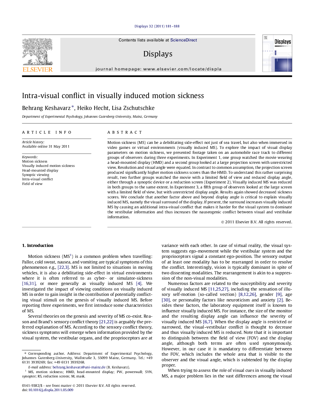 Intra-visual conflict in visually induced motion sickness