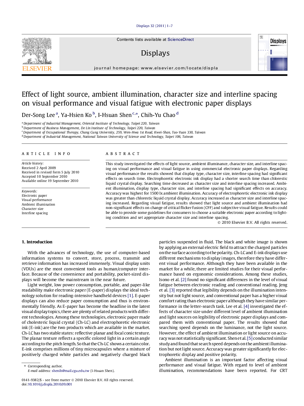 Effect of light source, ambient illumination, character size and interline spacing on visual performance and visual fatigue with electronic paper displays