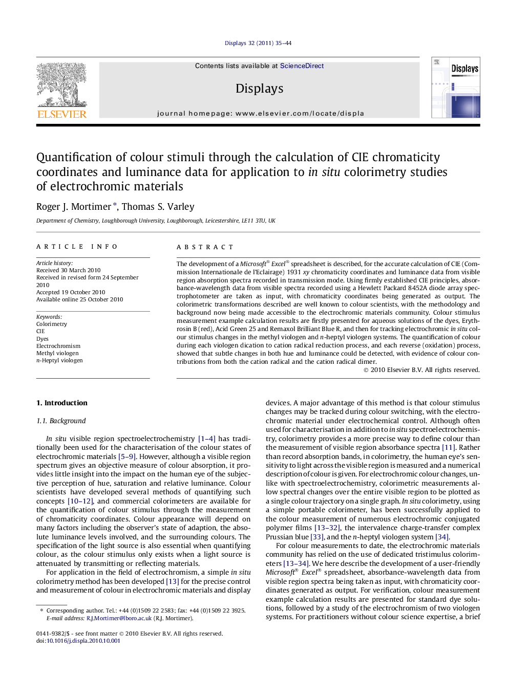 Quantification of colour stimuli through the calculation of CIE chromaticity coordinates and luminance data for application to insitu colorimetry studies of electrochromic materials