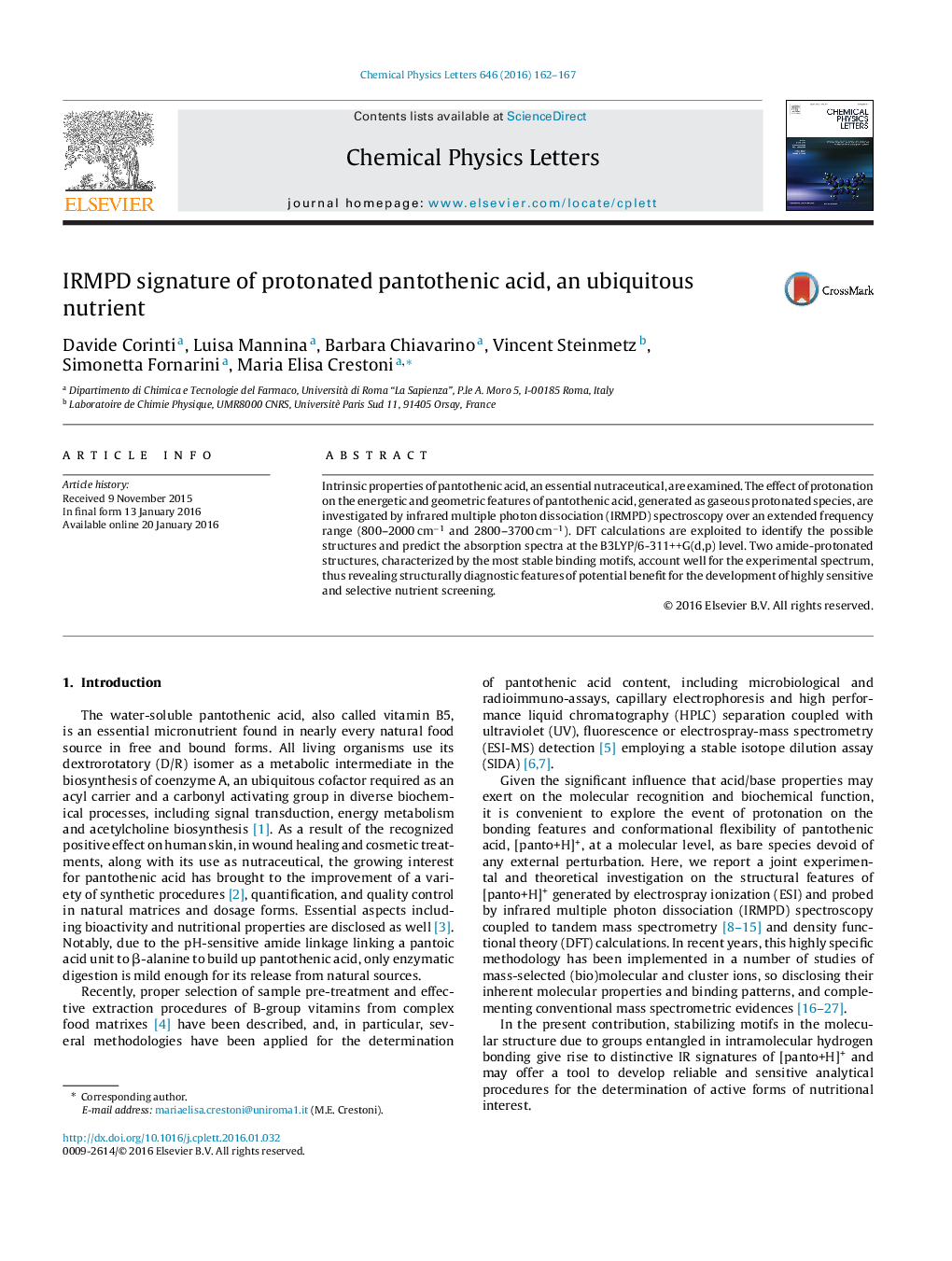 IRMPD signature of protonated pantothenic acid, an ubiquitous nutrient