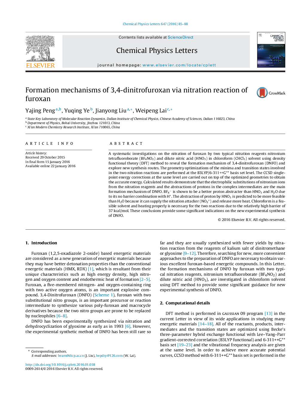 عکس صفحه اول مقاله: Formation mechanisms of 3,4-dinitrofuroxan via nitration reaction of furoxan Formation mechanisms of 3,4-dinitrofuroxan via nitration reaction of furoxan