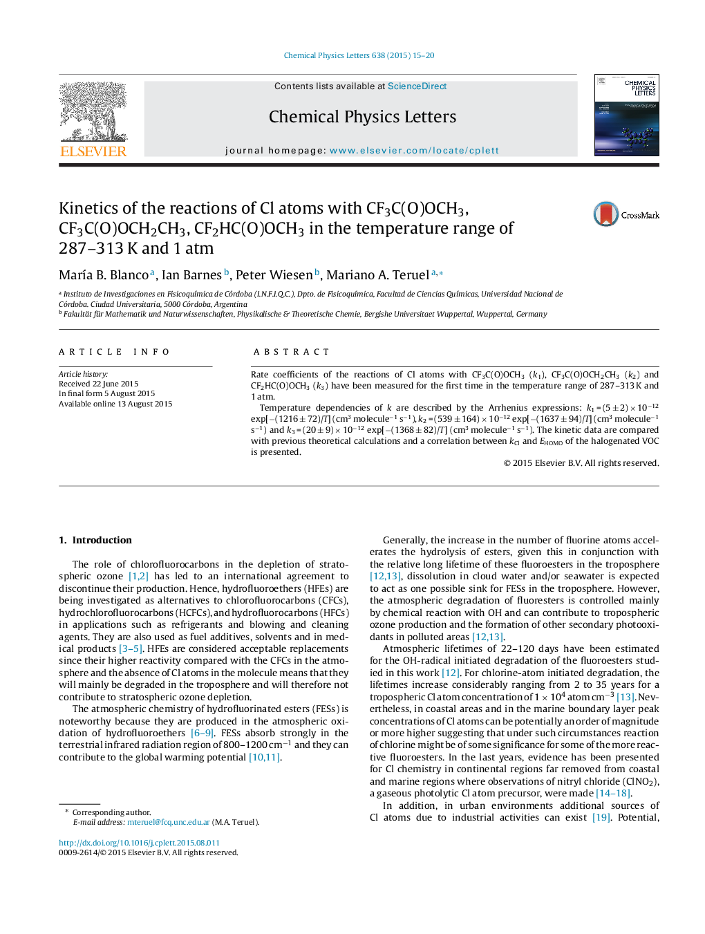 Kinetics of the reactions of Cl atoms with CF3C(O)OCH3, CF3C(O)OCH2CH3, CF2HC(O)OCH3 in the temperature range of 287-313Â K and 1Â atm