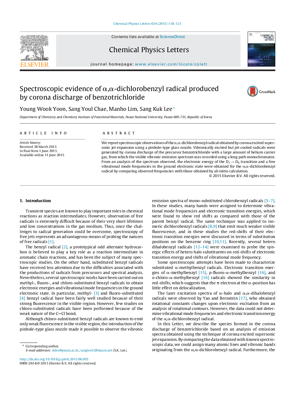 Spectroscopic evidence of Î±,Î±-dichlorobenzyl radical produced by corona discharge of benzotrichloride