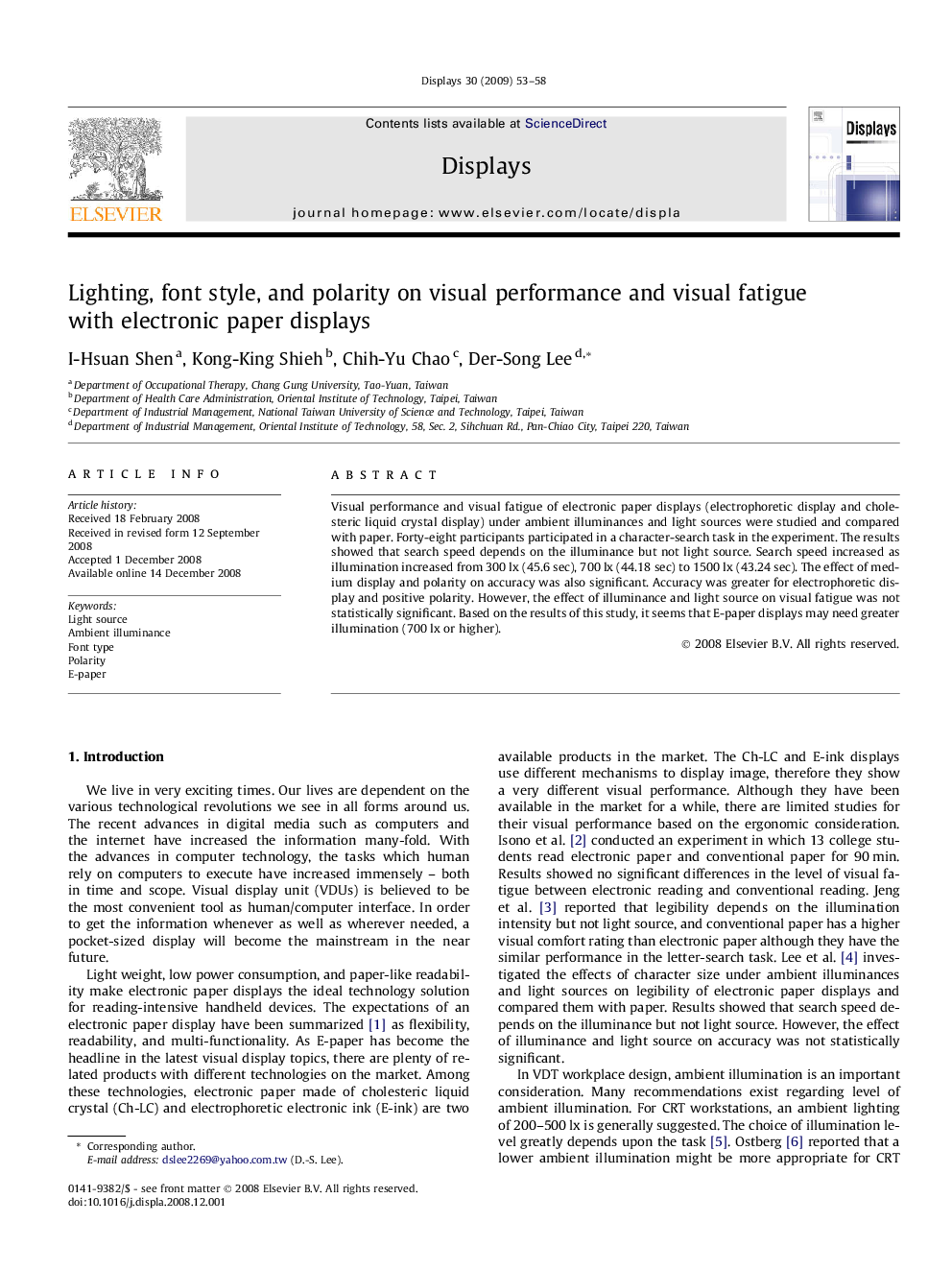 Lighting, font style, and polarity on visual performance and visual fatigue with electronic paper displays