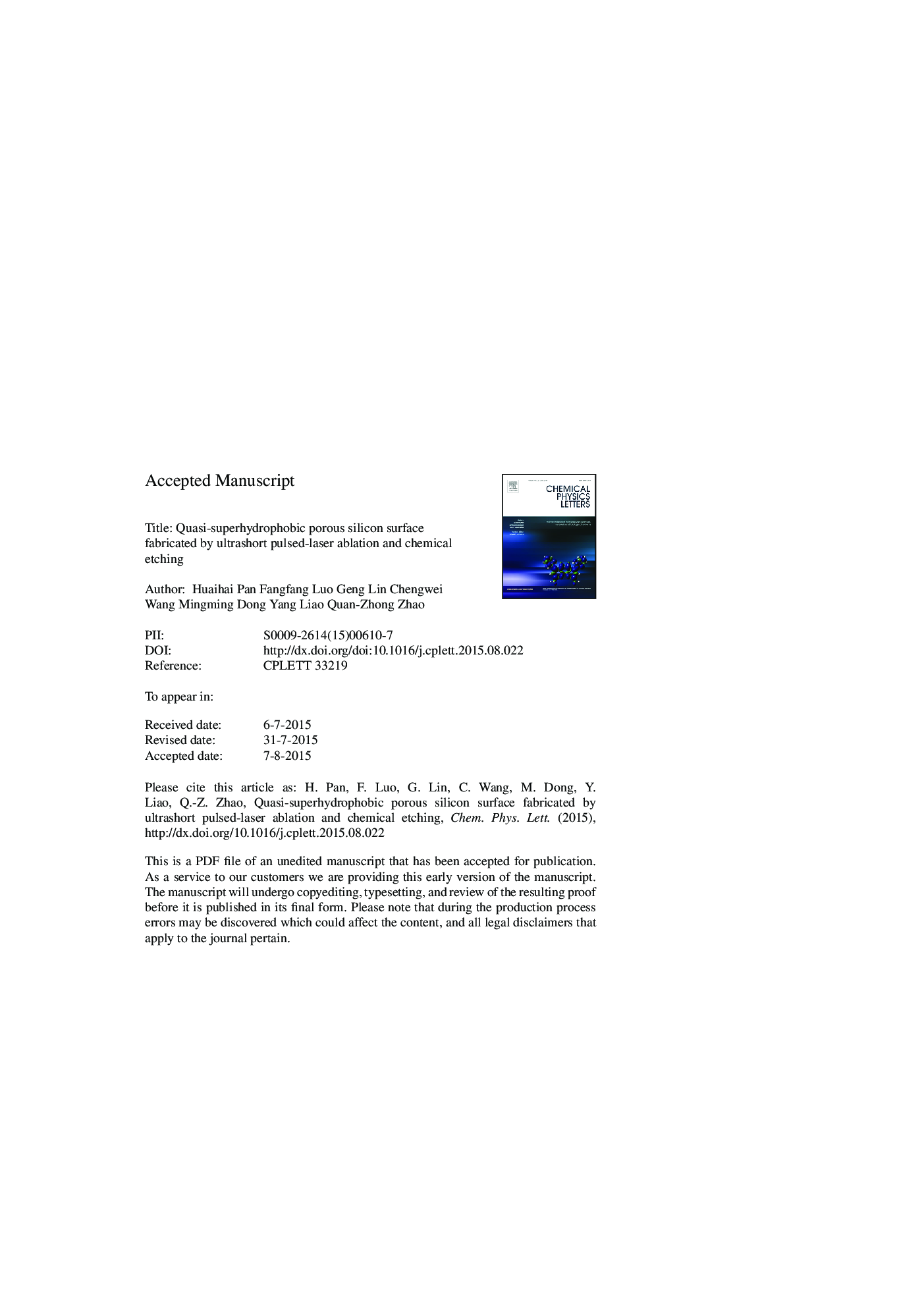 Quasi-superhydrophobic porous silicon surface fabricated by ultrashort pulsed-laser ablation and chemical etching