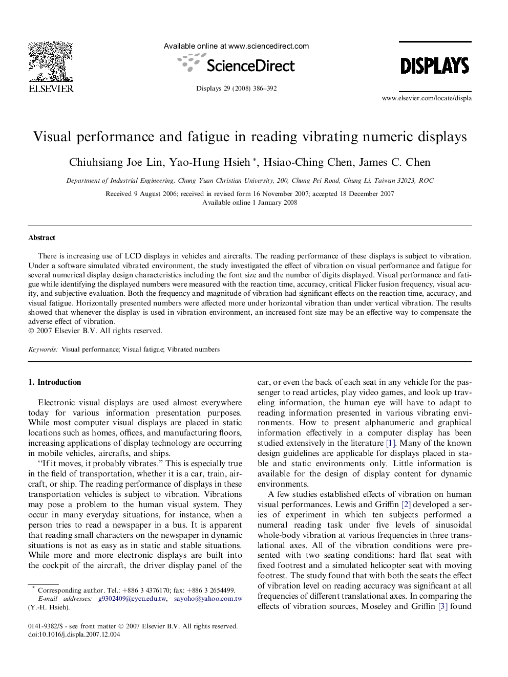 Visual performance and fatigue in reading vibrating numeric displays