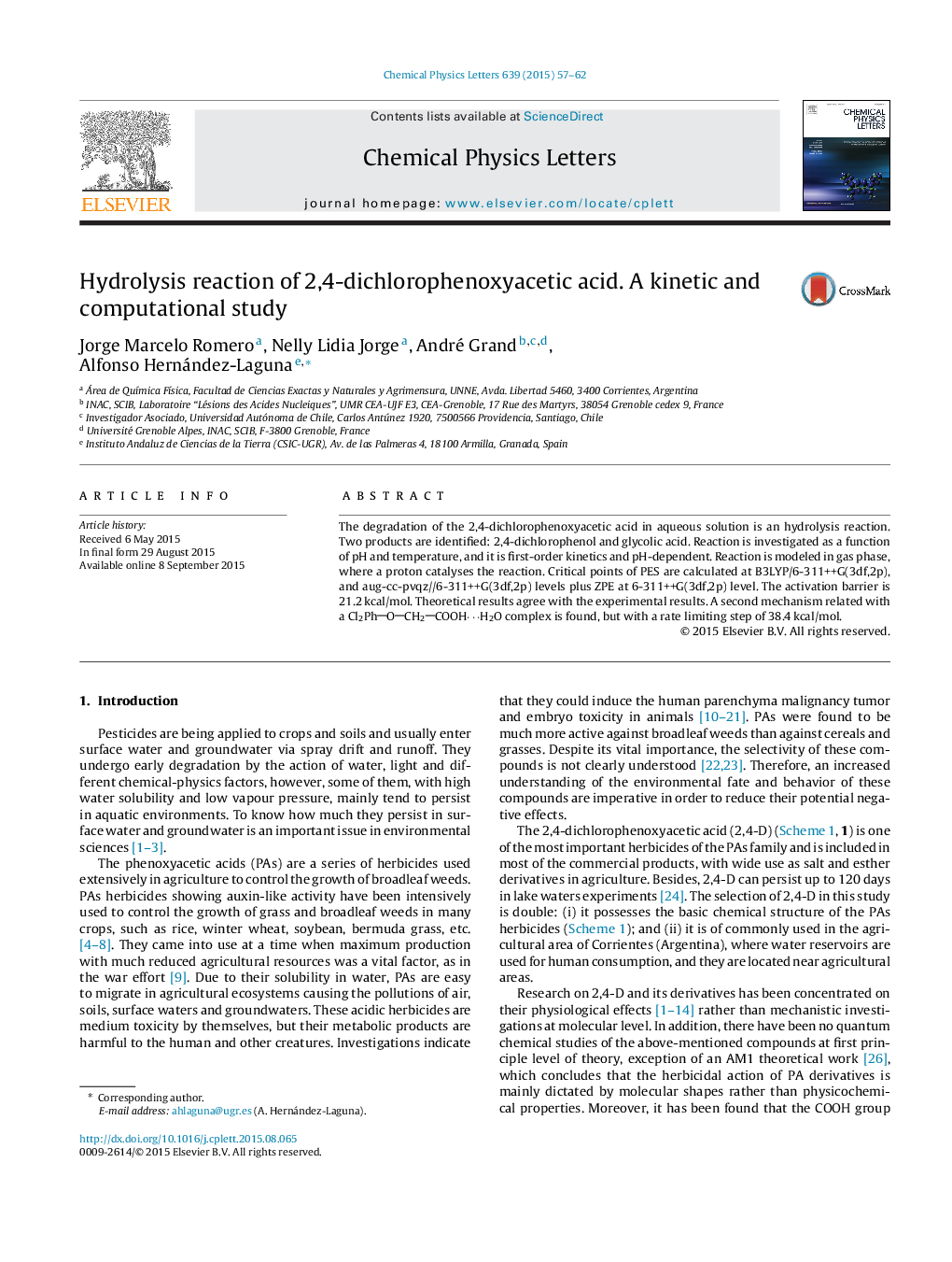 Hydrolysis reaction of 2,4-dichlorophenoxyacetic acid. A kinetic and computational study