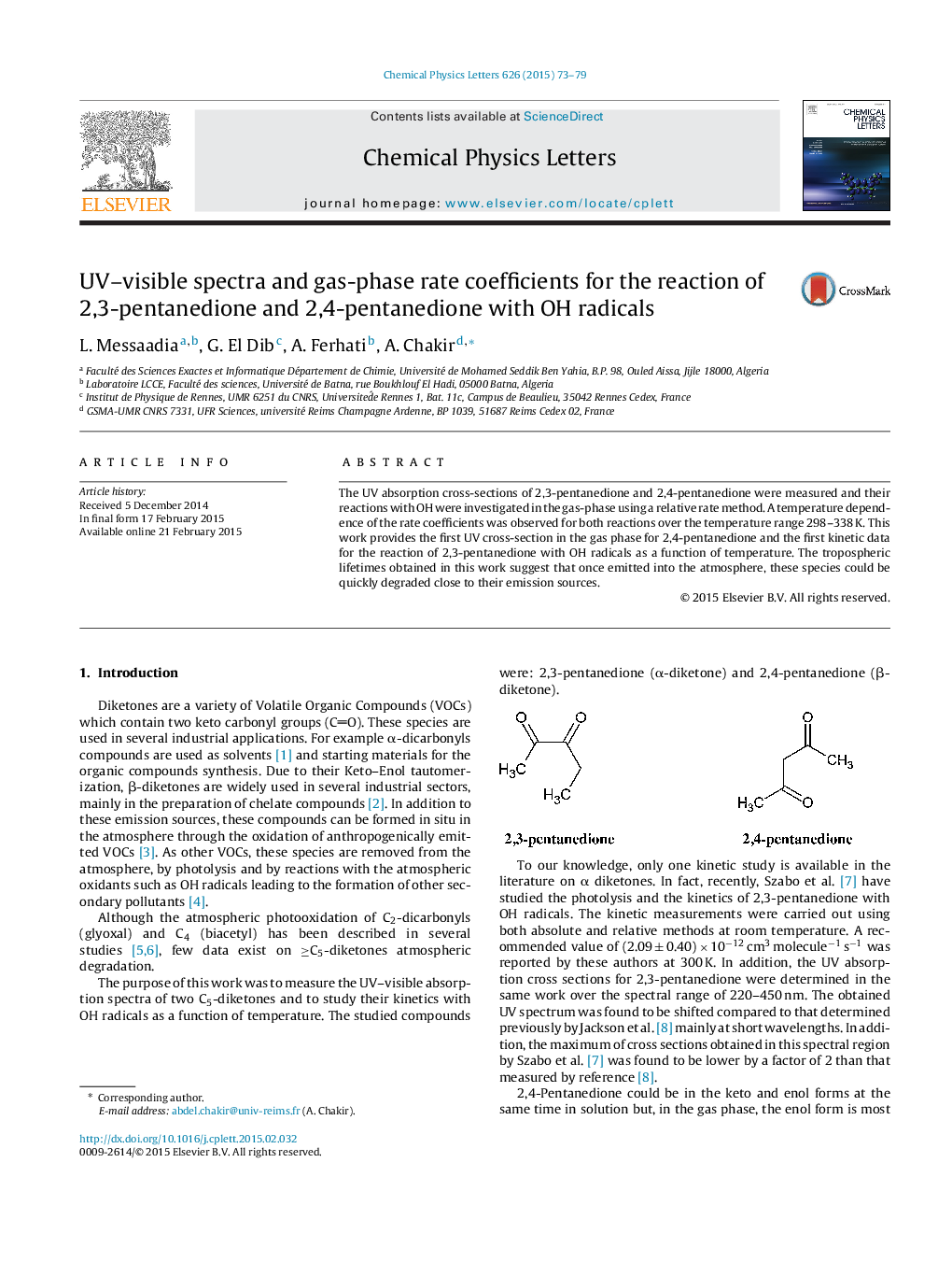 UV-visible spectra and gas-phase rate coefficients for the reaction of 2,3-pentanedione and 2,4-pentanedione with OH radicals