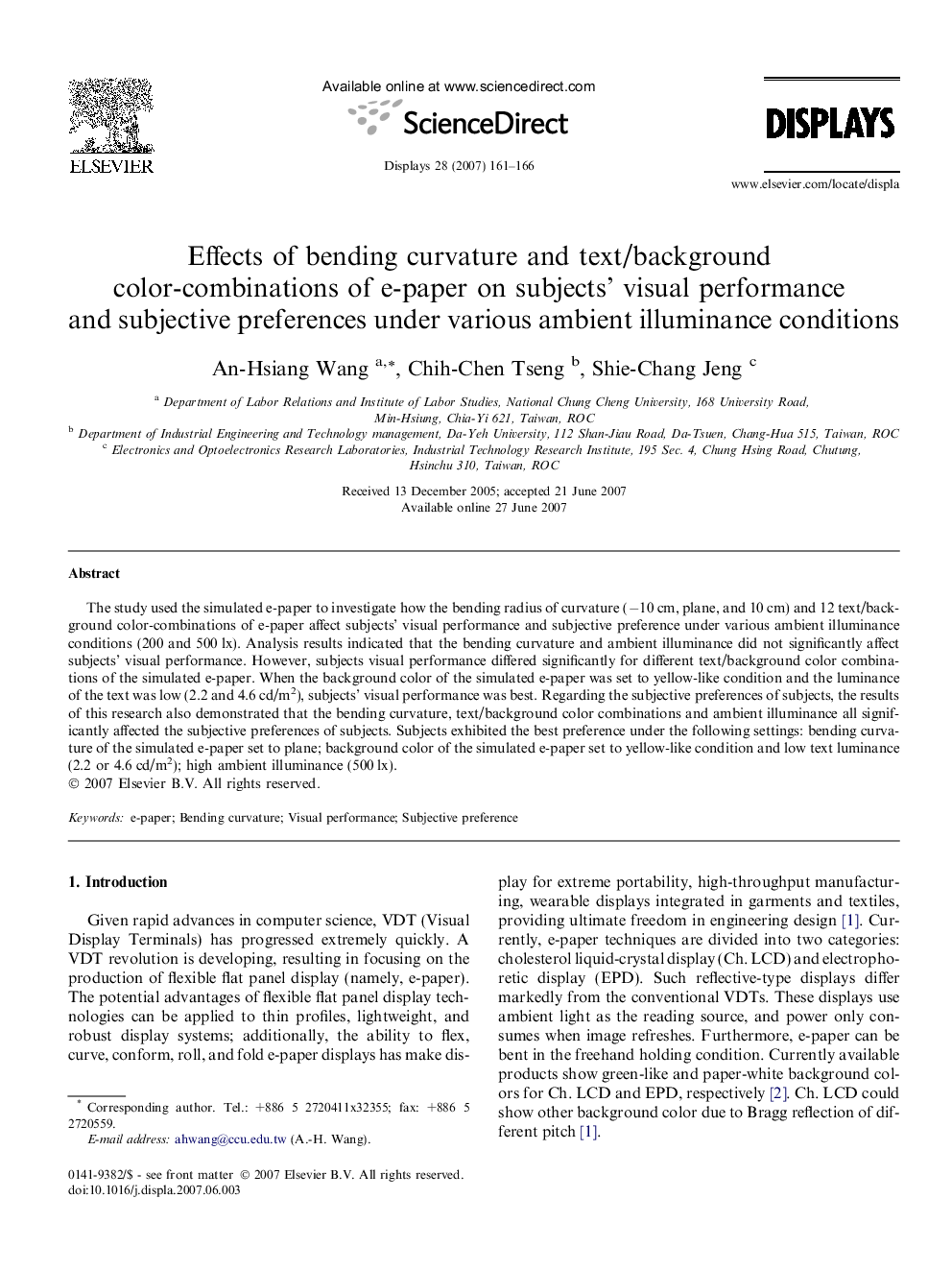 Effects of bending curvature and text/background color-combinations of e-paper on subjects’ visual performance and subjective preferences under various ambient illuminance conditions