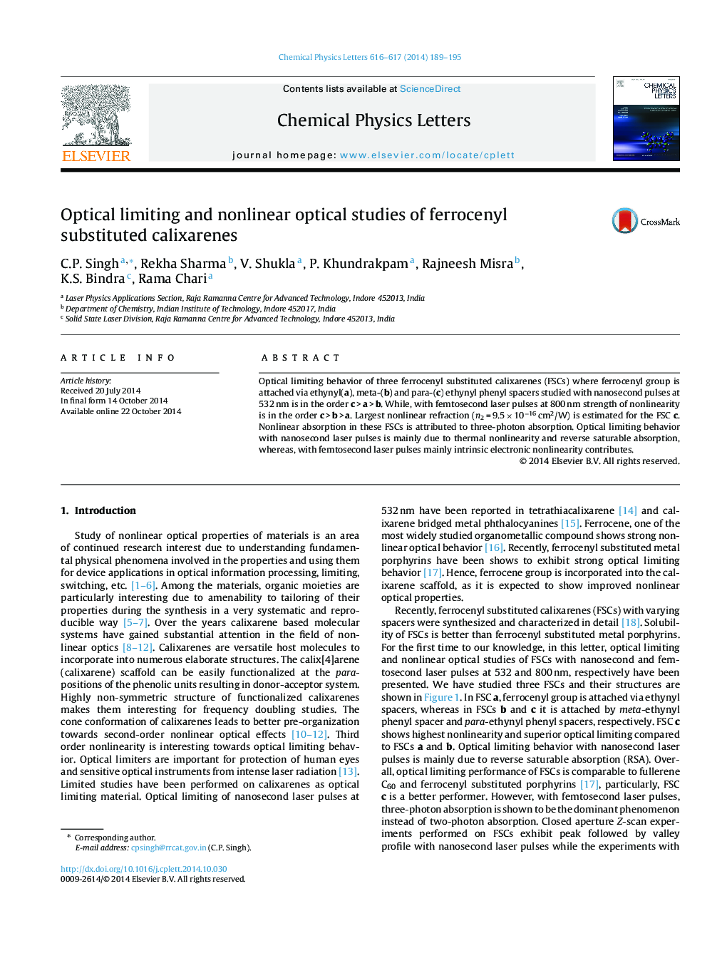 Optical limiting and nonlinear optical studies of ferrocenyl substituted calixarenes