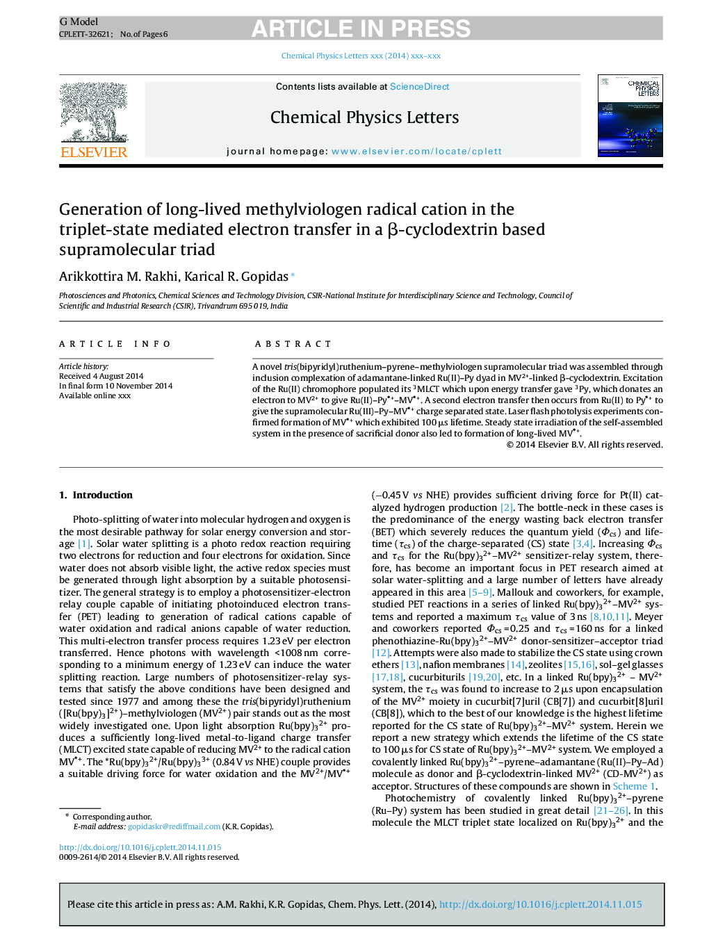 Generation of long-lived methylviologen radical cation in the triplet-state mediated electron transfer in a Î²-cyclodextrin based supramolecular triad