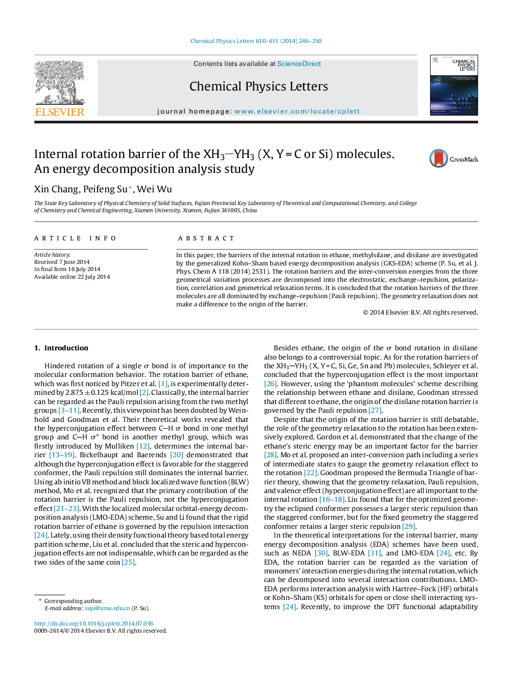 Internal rotation barrier of the XH3YH3 (X, YÂ =Â C or Si) molecules. An energy decomposition analysis study