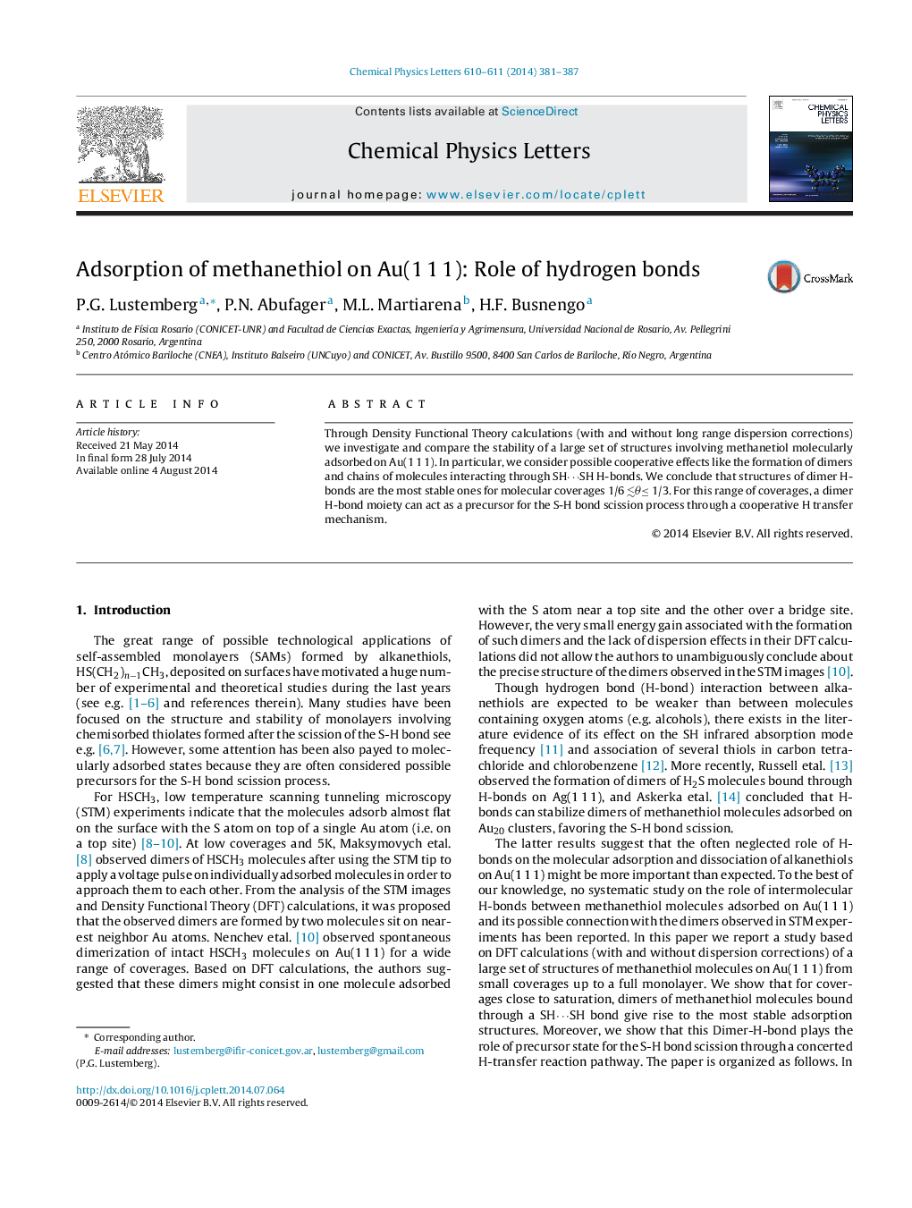 Adsorption of methanethiol on Au(1Â 1Â 1): Role of hydrogen bonds