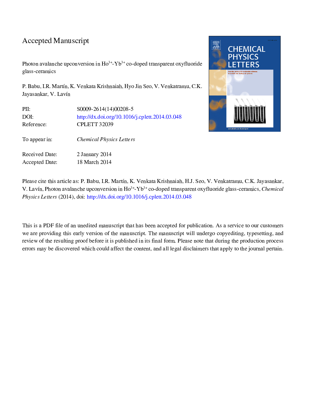 عکس صفحه اول مقاله: Photon avalanche upconversion in Ho3+-Yb3+ co-doped transparent oxyfluoride glass-ceramics Photon avalanche upconversion in Ho3+-Yb3+ co-doped transparent oxyfluoride glass-ceramics