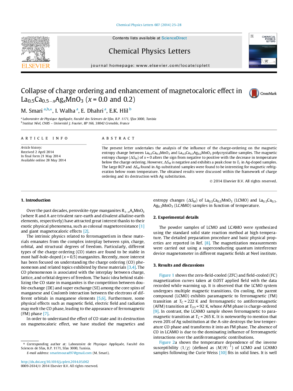 عکس صفحه اول مقاله: Collapse of charge ordering and enhancement of magnetocaloric effect in La0.5Ca0.5âxAgxMnO3 (x = 0.0 and 0.2) Collapse of charge ordering and enhancement of magnetocaloric effect in La0.5Ca0.5âxAgxMnO3 (x = 0.0 and 0.2)