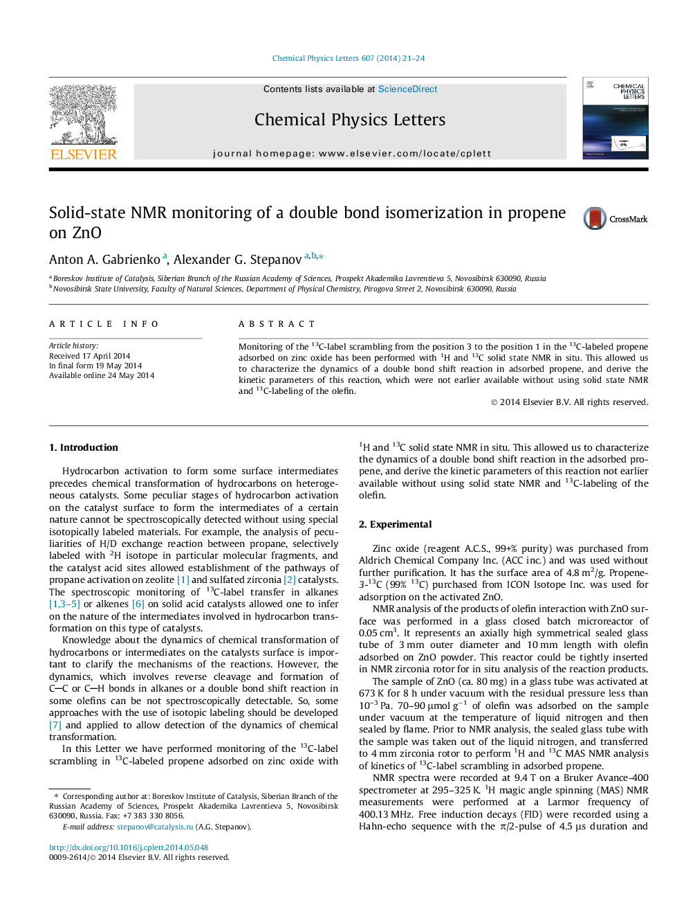عکس صفحه اول مقاله: Solid-state NMR monitoring of a double bond isomerization in propene on ZnO Solid-state NMR monitoring of a double bond isomerization in propene on ZnO