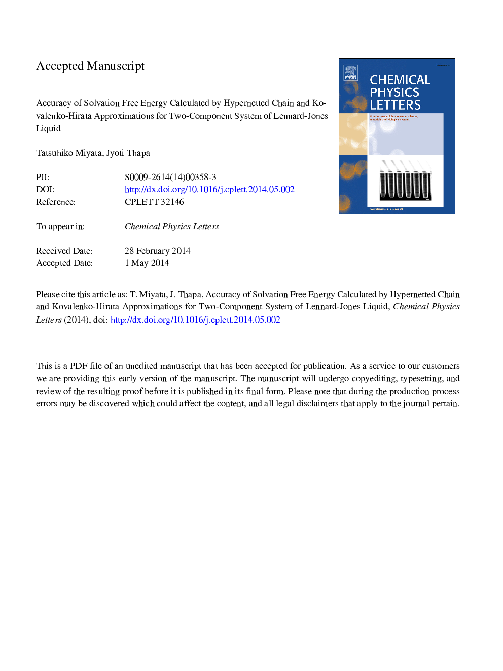 Accuracy of solvation free energy calculated by hypernetted chain and Kovalenko-Hirata approximations for two-component system of Lennard-Jones liquid